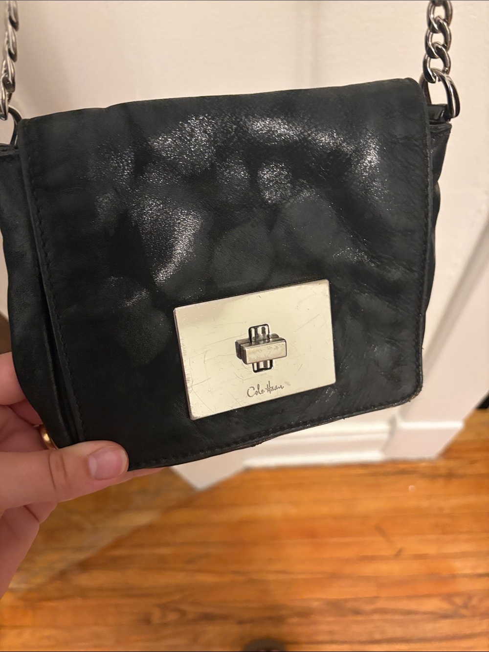 Cole Haan Black Leather Mini Crossbody with Silver Turn-Lock
